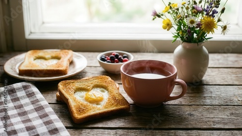 Wallpaper Mural Heart-shaped toast with egg sits beside a pink cup of milk and a bowl of fresh berries on a rustic wooden table, complemented by a vase of wildflowers, evoking a warm and inviting breakfast setting Torontodigital.ca