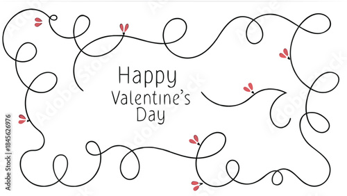 Valentine's day celebration graphic with decorative swirling lines and pink hearts on white background for romantic greeting cards