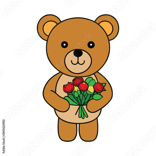 A cute teddy bear holding a colorful bouquet, radiating warmth and charm, perfect for gifting love, friendship, or a sweet surprise to brighten someone’s day.
