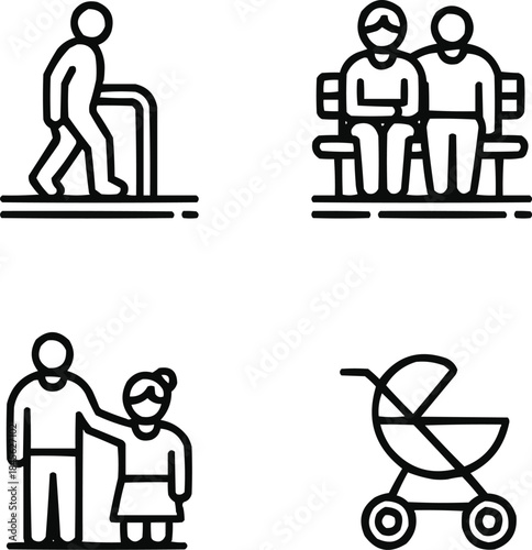 Age-Friendly City Outline Icon Set Inclusive and Accessible Urban Design Symbols