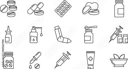 Business management, medical healthcare, solar energy, global logistics, and digital security line icon set featuring leadership, strategy, technology, and sustainability.