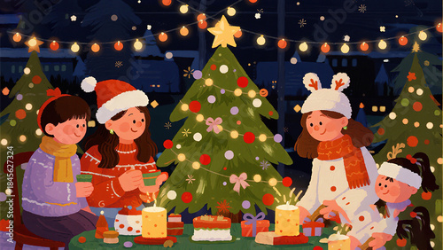 happy family decorating christmas tree