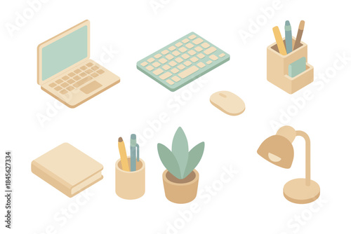 Stylish isometric office supplies including laptop and plant