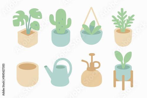 Set of pastel potted plant illustrations and gardening tools
