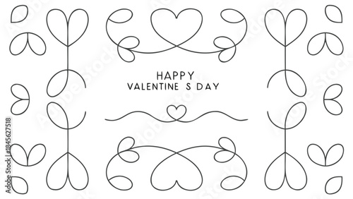 Happy valentine's day decorative heart and leaf line art design elements with swirling vines on white background for love and romance themed