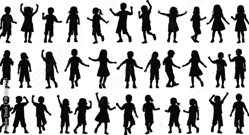 Children silhouette set showing boys and girls dancing jumping playful movements isolated black figures on white background vector illustration