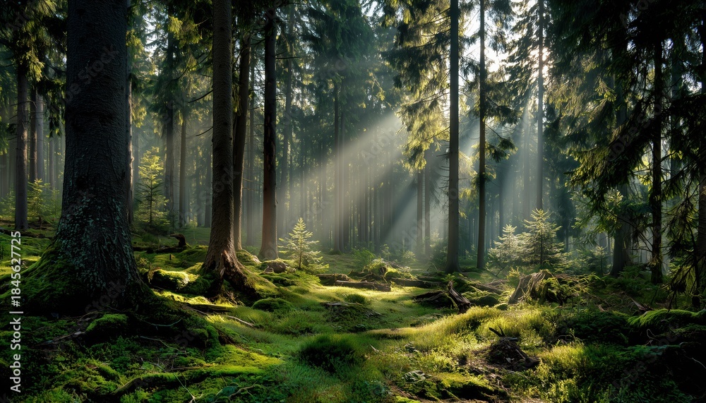 Naklejka premium Tranquil Spring Forest With Stunning Sun Rays: A Perfect Wanderlust Destination In The Serene Wilderness Of Nature.