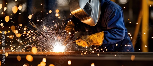 Welder in mask working on metal with sparks flying in a dark factory setting during industrial project