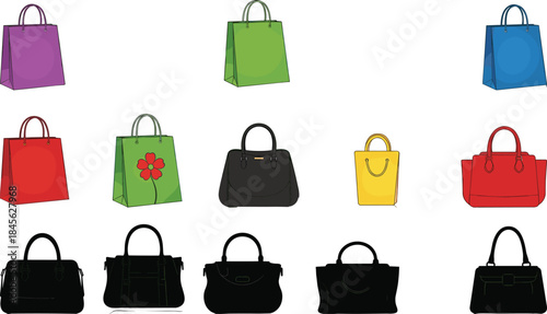 Colorful shopping bags and handbags collection, retail packaging and fashion accessories set, modern consumer lifestyle illustration isolated