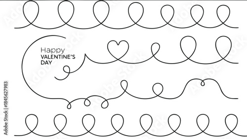 Valentine's day decorative borders with swirling lines and heart on white background for holiday greeting cards