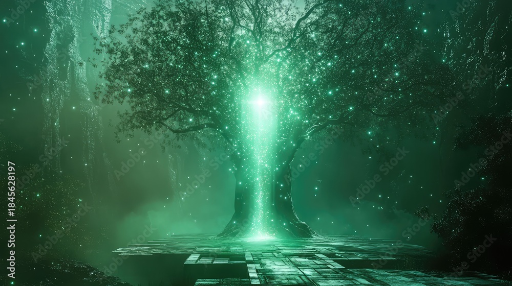 Naklejka premium Large ancient tree standing on a technological platform, radiating a vibrant green light and sparkling particles in a dark, ethereal forest environment