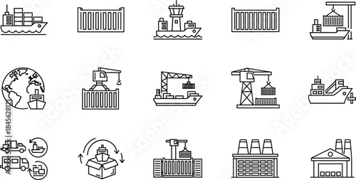 Business management, global logistics, and digital workflow line icon set featuring leadership, shipping containers, strategy, teamwork, technology, and professional productivity.