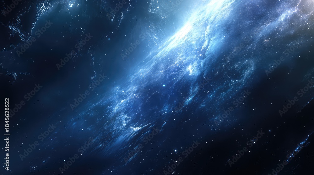 Obraz premium Cosmic nebula forming a vibrant blue light and intricate patterns across the universe, showing glowing gas, cosmic dust, and countless distant stars in deep space