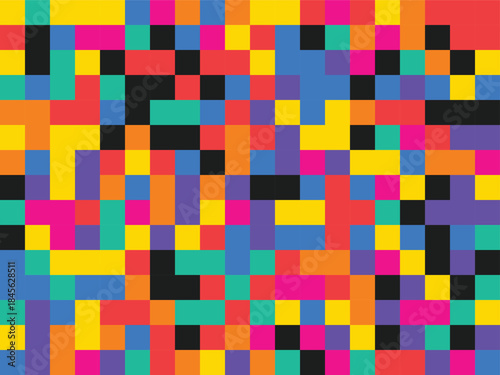 A highly colorful and pixelated mosaic pattern composed of various bright hues and blocks of different colors, creating a visually striking and dynamic image.