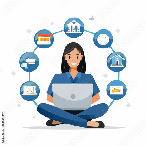 Businesswoman with laptop connecting to a social network concept via computer technology and mobile communication