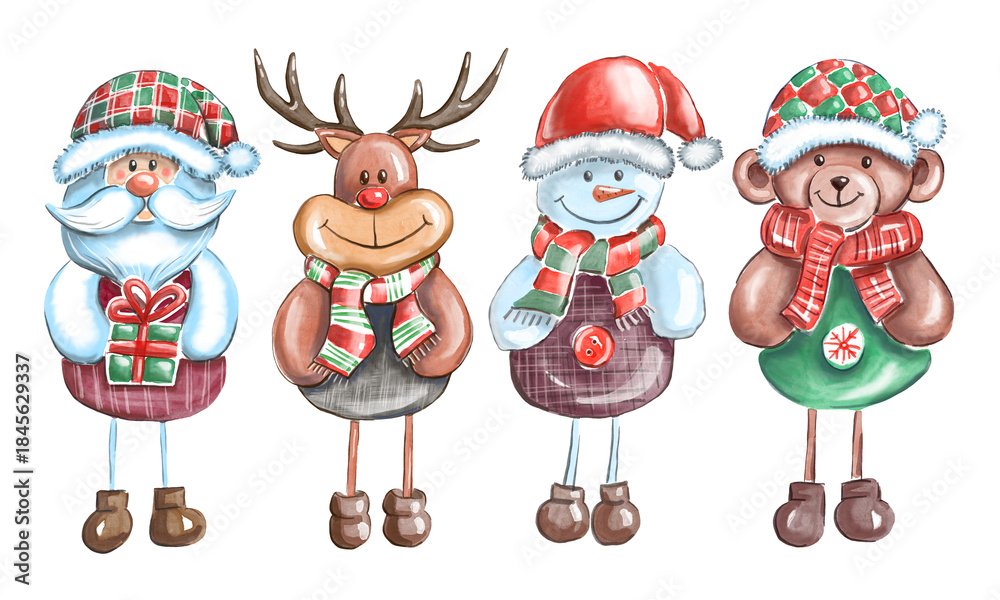 Fototapeta premium Santa claus, reindeer, bear and snowman. Watercolor illustration