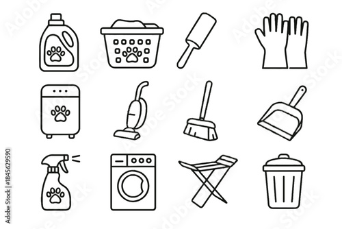 Can drying pet vector air detergent spray vacuum care roller dustpan icons