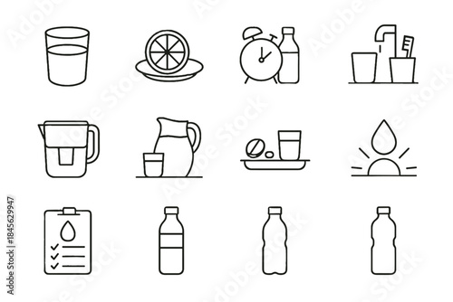 Icon minimalist routine vector bottle clock silhouette filled hydration icons breakfast vitamins