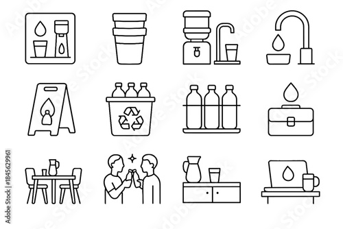 Office hydration sets recycling minimalist reusable icon stack room reminder water vector