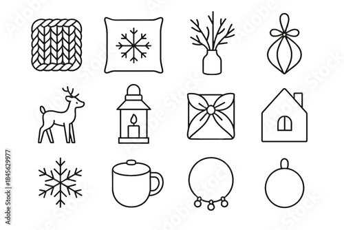 Holiday decor lantern snowflake coaster figurine simple ring vector icon arrangement house