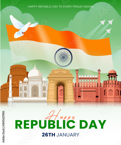 Happy India Republic Day Illustration with Red Fort, Indian Flag Wave and Patriotic Skyline