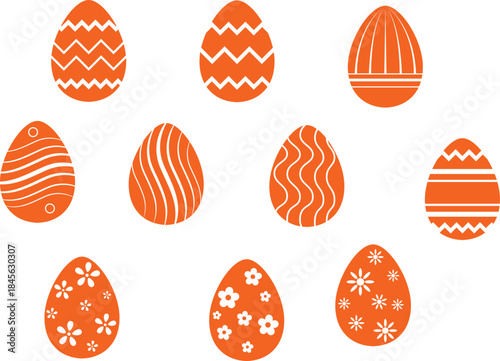 Collection of Ornate Decorative Easter Eggs with White Zigzag and Floral Patterns on Orange Background, Festive Spring Holiday Illustration