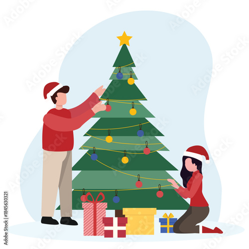Christmas and new year holiday celebration concept. Happy people decorating tree whit lights and ornaments together and preparing to celebrate Christmas eve Vector  illustration