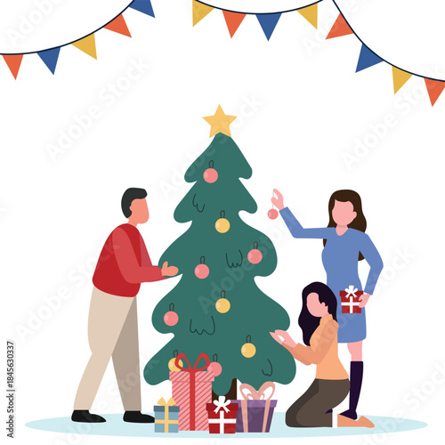 Christmas and new year holiday celebration concept. Happy people decorating tree whit lights and ornaments together and preparing to celebrate Christmas eve Vector  illustration