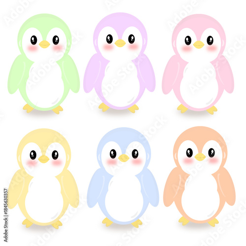 Adorable baby penguin character in pastel colors. Cute Antarctic bird vector illustration with rosy cheeks and big eyes. Perfect for nursery decor, kids' stickers, and greeting cards.