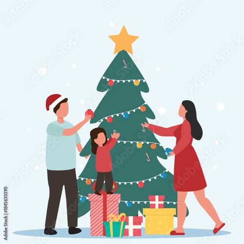Christmas and new year holiday celebration concept. Happy people decorating tree whit lights and ornaments together and preparing to celebrate Christmas eve Vector  illustration