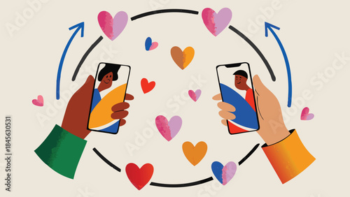 Two people holding smartphones with hearts around them symbolizing online love and connection on social media platforms