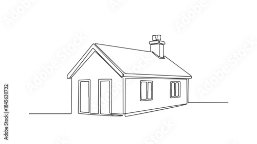 A minimalist, single-line drawing of a detached house with a chimney and multiple windows.