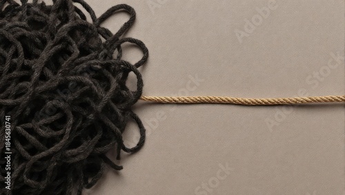 Tangled dark rope connected to a straight light rope, symbolizing challenges and solutions.