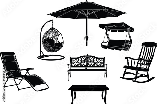 Outdoor garden furniture silhouette set including bench chair table umbrella swing patio elements isolated black vector illustration