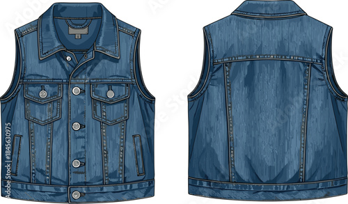 Denim vest technical fashion sketch, front and back view, flap chest pockets, button closure, vertical seams, vector template