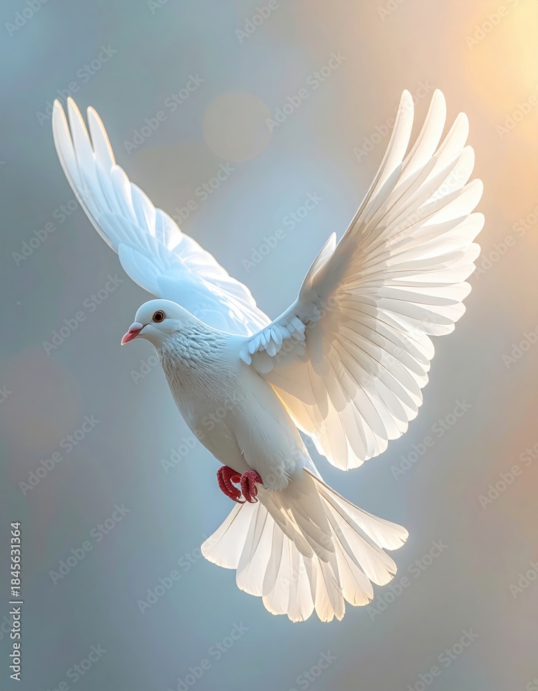 Fototapeta premium A graceful white dove in flight, showcasing its elegant wings and vibrant plumage against a soft, ethereal background.