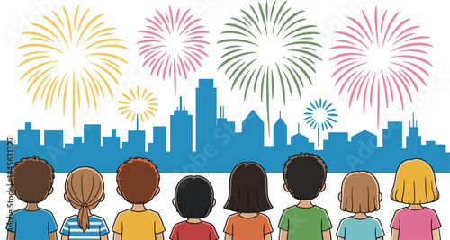 Group of children watching colorful fireworks over a city skyline