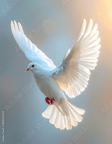 A graceful white dove in flight, showcasing its elegant wings and vibrant plumage against a soft, ethereal background.