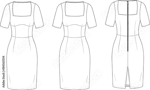 Fitted short-sleeved dress technical fashion sketch, front, side, back views, square neckline, princess seams, back slit, garment construction vector