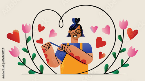 A smiling woman with glasses drawing a heart surrounded by flowers and hearts
