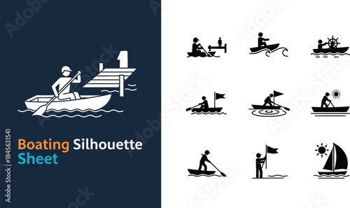 Collection of boating and rowing silhouettes for water recreation and travel