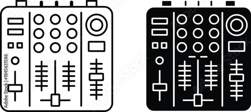 Two Black and White Mixer Panels with Knobs and Sliders