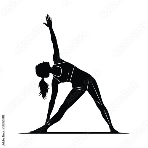 Black silhouette of woman in triangle yoga pose on white background vector
