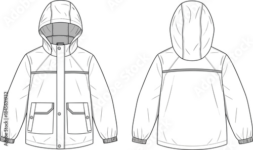 Hooded jacket technical fashion sketch, front and back view, flap pockets, elastic cuffs, zipper closure, garment construction vector template