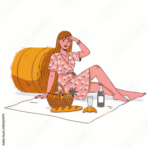 relaxing woman on picnic blanket with wine and basket