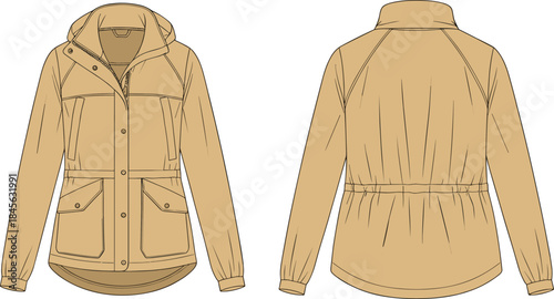 Hooded jacket technical fashion sketch, front and back view, flap pockets, zip and snap closure, gathered waist, vector template