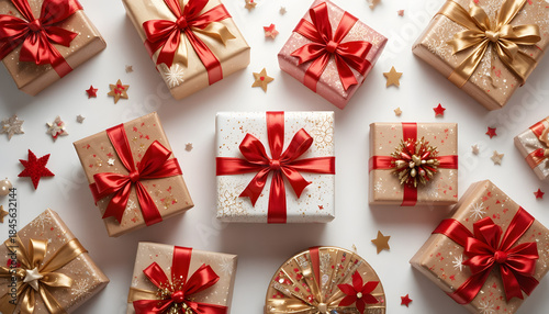 Flat Lay Christmas Gift Boxes with Red Ribbons and Decorations on Clean White Background