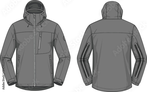 Hooded jacket technical fashion sketch, front and back view, zippered pockets, sleeve vents, drawstring hood, apparel design, vector template