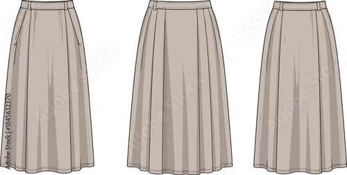 Knee-length pleated skirt illustration, waistband variations, structured silhouette, technical fashion sketch, front view, pattern comparison, vector garment template