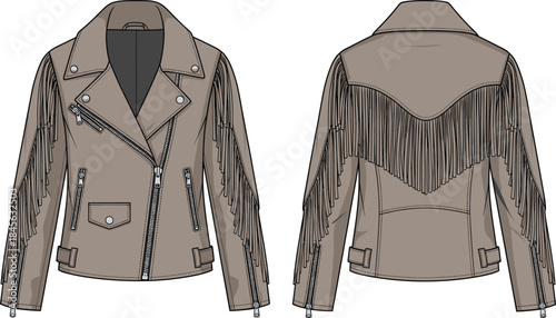 Leather fringe jacket technical fashion sketch, front and back view, asymmetrical zip, flap pocket, yoke detail, vector template
